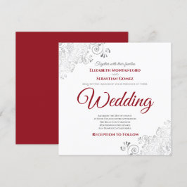 Silver Frills Elegant Red & White Square Bröllop Inbjudningar