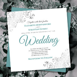 Silver Frills Elegant Teal & White Square Bröllop Inbjudningar