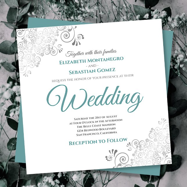 Silver Frills Elegant Teal & White Square Bröllop Inbjudningar (Skapare uppladdad)