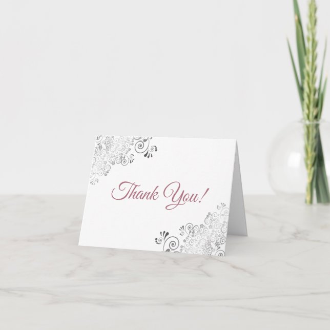 Silver Frills Elegant White & Ro Bröllop Photo Tack Kort (Framsida)