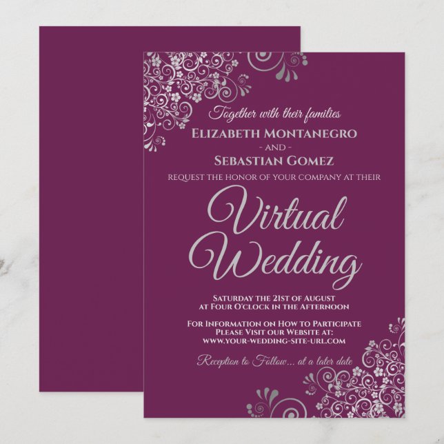 Silver Frills Magenta Plum Chic Virtuella Bröllop Inbjudningar (Fram/baksida)