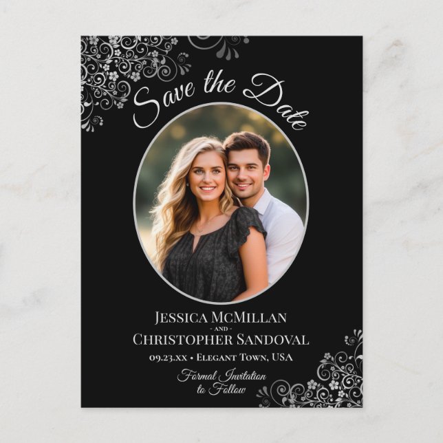 Silver Frills on Black Bröllop spara datum Photo Meddelande Vykort (Framsida)