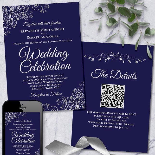 Silver Frills on Navy Blue Elegant QR Code Bröllop Inbjudningar (Front/Back/Downloadable)