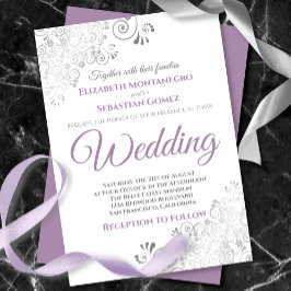 Silver Frills Simple Lila Grått & White Bröllop Inbjudningar