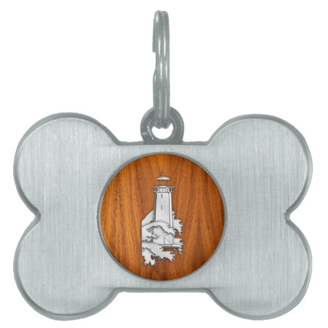 Silver fyr på Teak Wood Stil Namnbricka Husdjur (Framsidan)