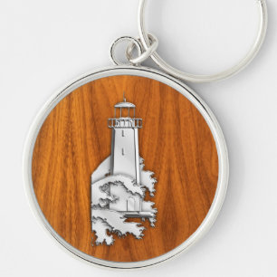 Silver fyr på Teak Wood Stil Rund Silverfärgad Nyckelring