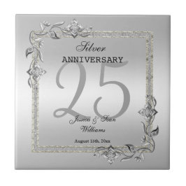 Silver Gem & Glitter 25:e Bröllop-årsdagen Kakelplatta