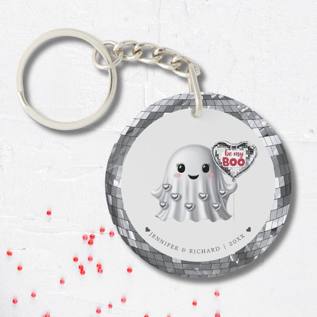 Silver Ghost Valentines Mönster (Personalized Silver Disco Heart Valentine's Day Keychain)