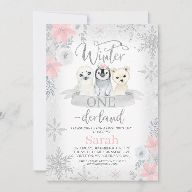 Silver Girl Animals Winter Onederland Birthday Inbjudningar (Framsida)