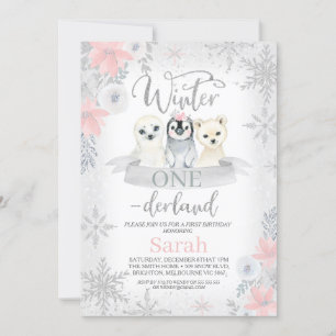 Silver Girl Animals Winter Onederland Birthday Inbjudningar