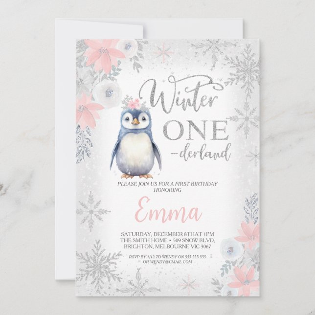 Silver Girl Penguin Winter Onederland Birthday Inbjudningar (Framsida)