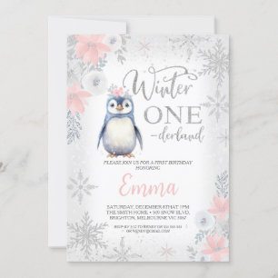 Silver Girl Penguin Winter Onederland Birthday Inbjudningar