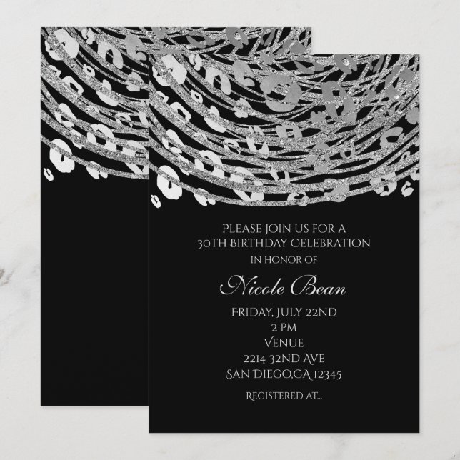 Silver Glam Gepardtryck Exotiska Festinbjudningar Inbjudningar (Fram/baksida)