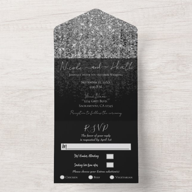 Silver Glam Glitter Modern Chic Gnistrande Bröllop (Inside)