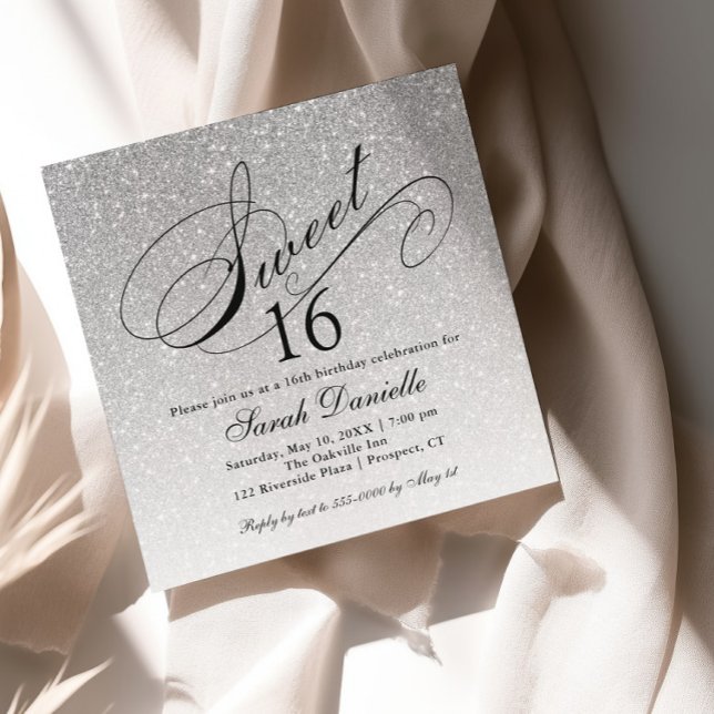 Silver Glam Glitter Sweet 16 Square-inbjudan Inbjudningar (Skapare uppladdad)