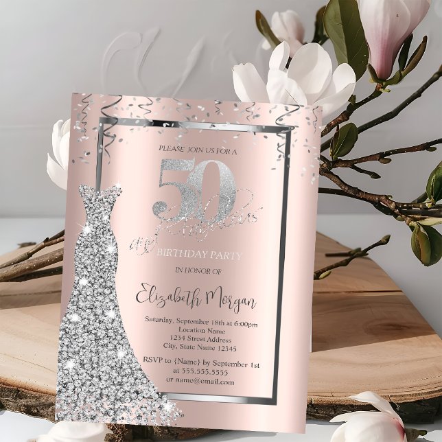 Silver Glänsande Klänning Rosa Guld 50-års Födelse Inbjudningar (Skapare uppladdad)