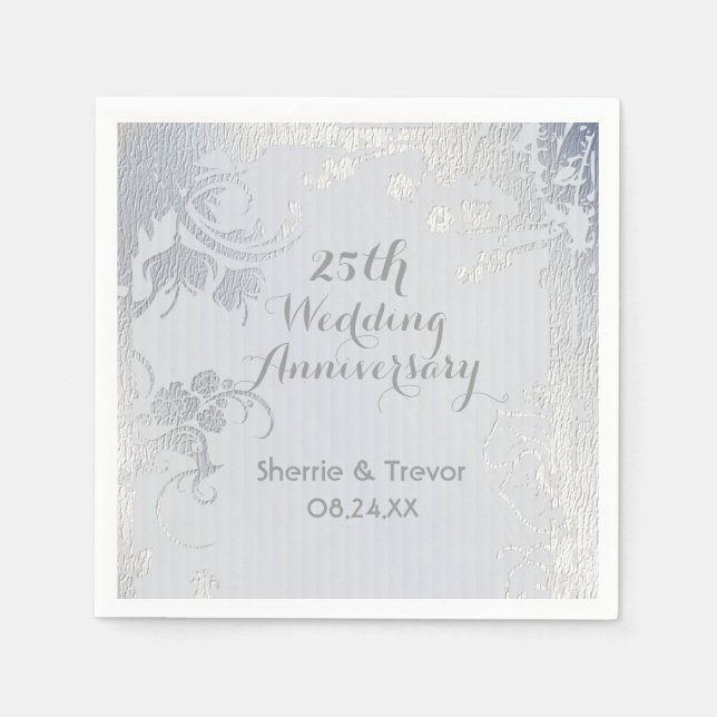 Silver Glimmer 25:e Bröllop Annivarsary Napkins Pappersservett (Framsidan)