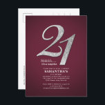 Silver Glitter 21:a födelsedag Party Burgundy Inbjudan Vykort<br><div class="desc">Silver 21:a födelsedagen Party Burgundy-vykort för inbjudningar kan du enkelt anpassa med dina uppgifter om party genom att klicka på knappen "Anpassa". Glitter 21 och bakgrunden är inställda medan du enkelt kan ändra typsnitt, text och layout genom att klicka på "Redigera med Design Verktyg" som är kapslad under "Anpassa" för...</div>