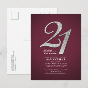Silver Glitter 21:a födelsedag Party Burgundy Inbjudan Vykort