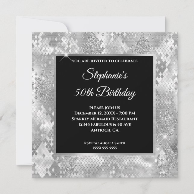 Silver Glitter Abstrakt Orm Glam Födelsedag Inbjudningar (Framsida)
