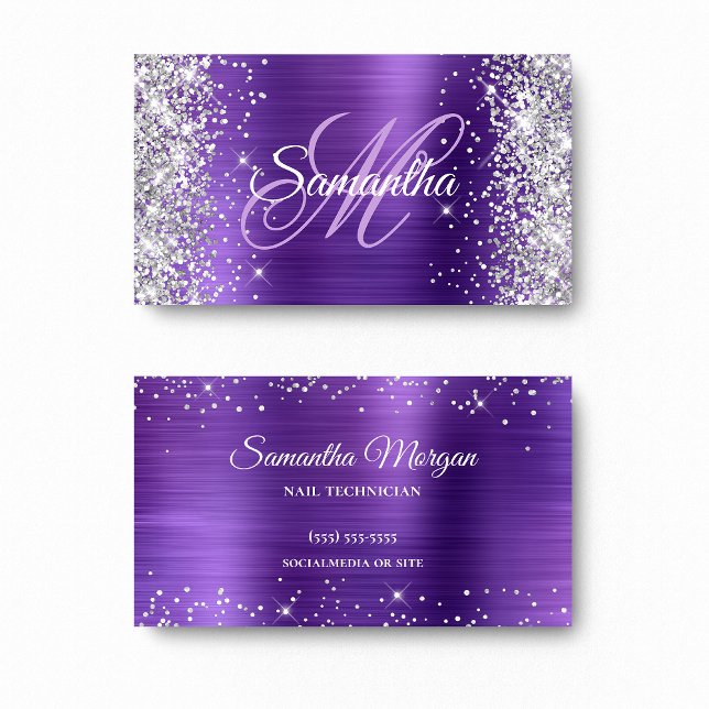 Silver Glitter Amethyst Folie Lila Monogram Visitkort (Silver Glitter Amethyst Foil Purple Monogram Business Card)
