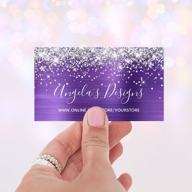 Silver Glitter Amethyst Folie Webbutik Visitkort (Silver Glitter Amethyst Foil Online Store Business Card)