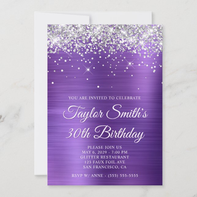 Silver Glitter Amethyst Lila 30-årsdag Inbjudningar (Framsida)