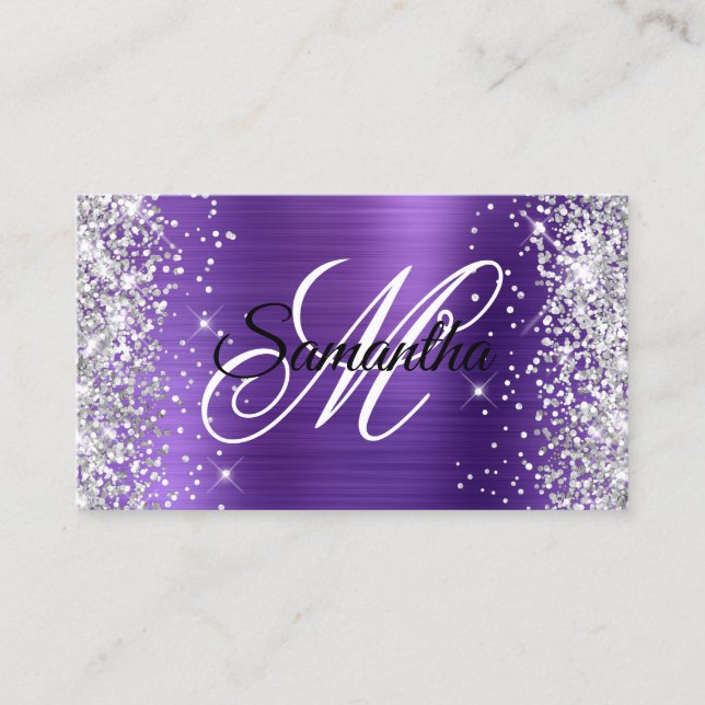 Silver Glitter Ametyst Lila Foil Finare Monogram Visitkort (Framsida)