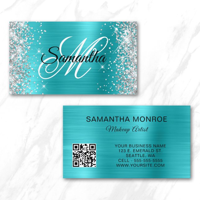 Silver Glitter Aqua Blå Folie Monogram QR-kod Visitkort (Silver Glitter Aqua Blue Foil Monogram QR Code Business Card)