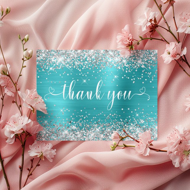 Silver Glitter Aqua Blå Sweet 16 Hjärtan Tack Vykort (Silver Glitter Aqua Blue Sweet 16 Hearts Thank You Postcard)