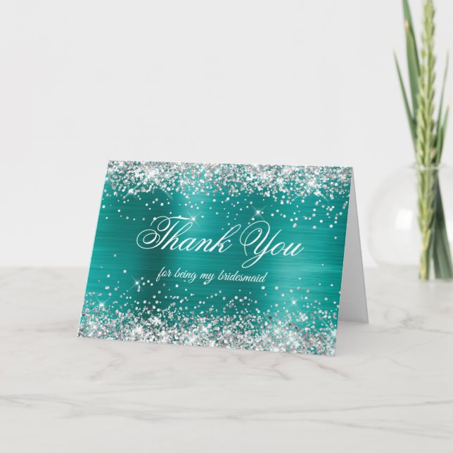 Silver Glitter Aqua Teal Foil Bridesmaid Tack Kort (Framsida)
