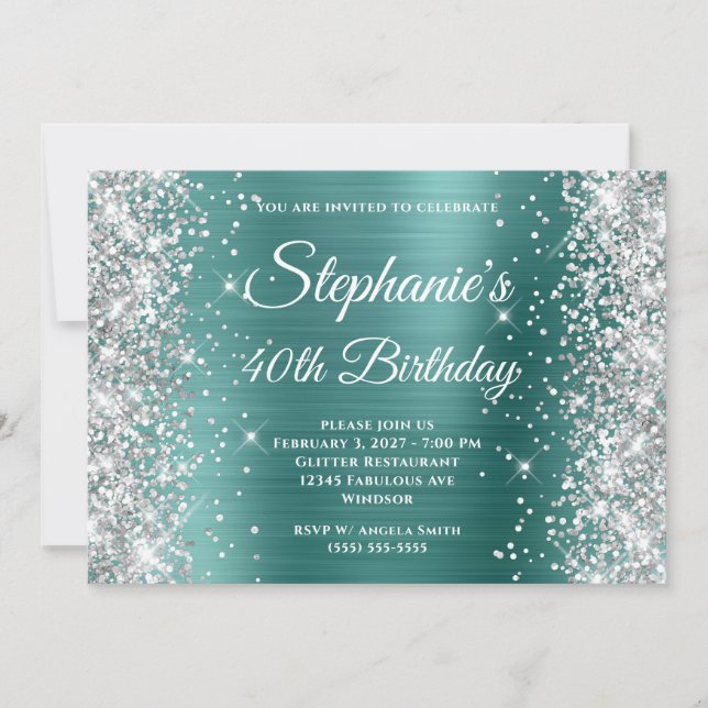 Silver Glitter Aqua Teal Monogram 40:e födelsedage Inbjudningar (Framsida)