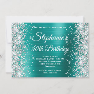 Silver Glitter Aqua Teal Monogram 40:e födelsedage Inbjudningar