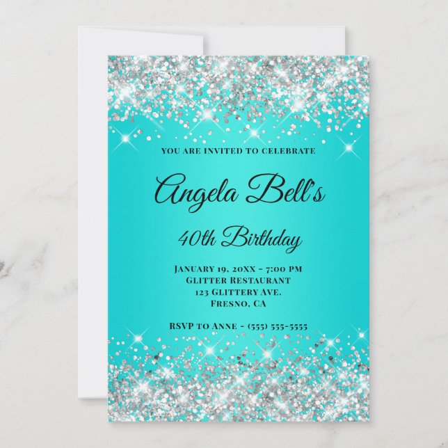 Silver Glitter Aqua Turkos Ombre Fancy Monogram Inbjudningar (Framsida)