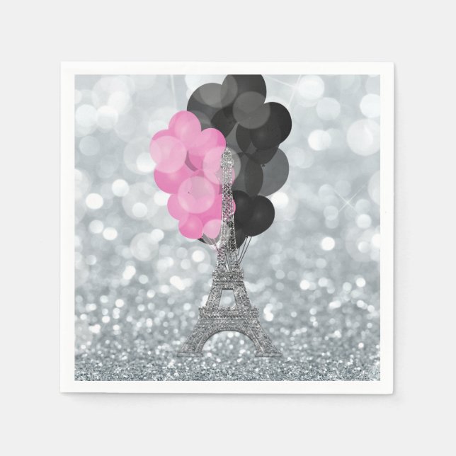 Silver Glitter & Ballonger Paris Eiffeltornet Fest Pappersservett (Framsidan)