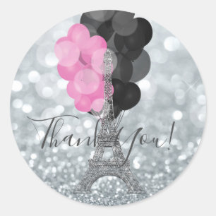 Silver Glitter & Ballonger Paris Eiffeltornet Part Runt Klistermärke