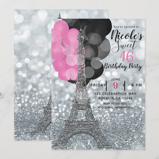 Silver Glitter & Balloons Paris Eiffel Torn Party Inbjudningar (Fram/baksida)