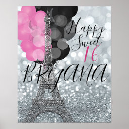 Silver Glitter & Balloons Paris Eiffel Torn Party Poster