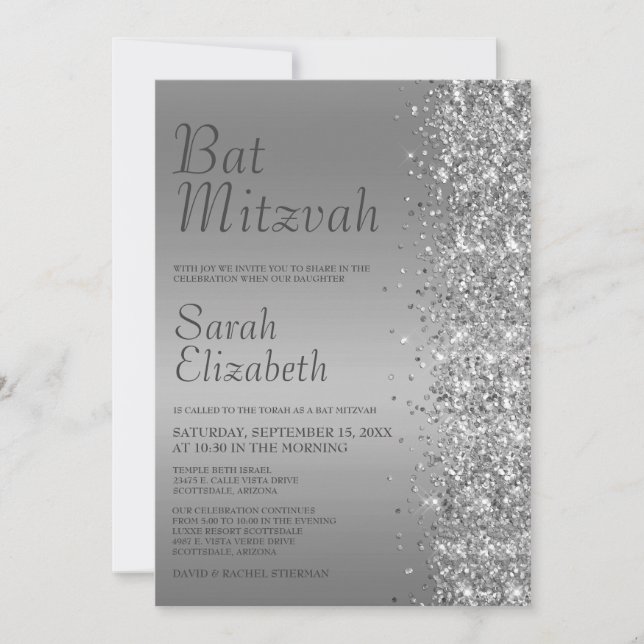 Silver Glitter Bat mitzvah Inbjudningar (Framsida)
