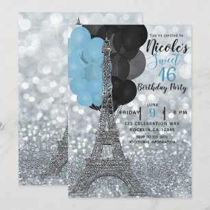 Silver Glitter Blå Ballonger Paris Eiffeltornet Inbjudningar