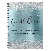 Silver Glitter Blå Folie Baby Shower Gästbok