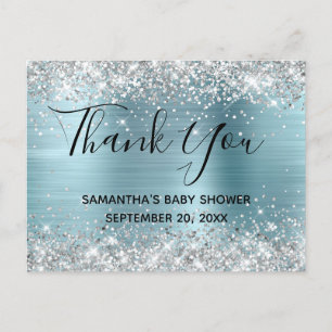 Silver Glitter Blå Folie Baby Shower Tacksamhetsko Vykort