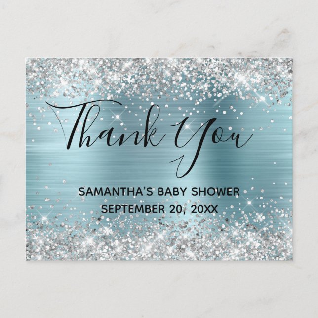 Silver Glitter Blå Folie Baby Shower Tacksamhetsko Vykort (Framsida)