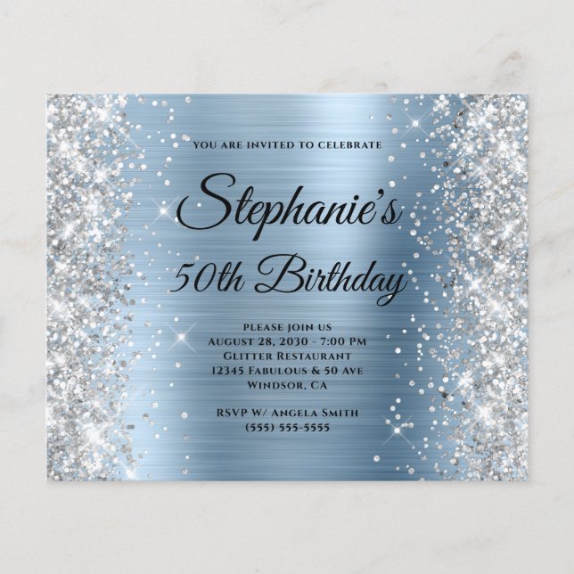 Silver Glitter Blå Folie Monogram 50-årsdag Flygblad (Framsidan)