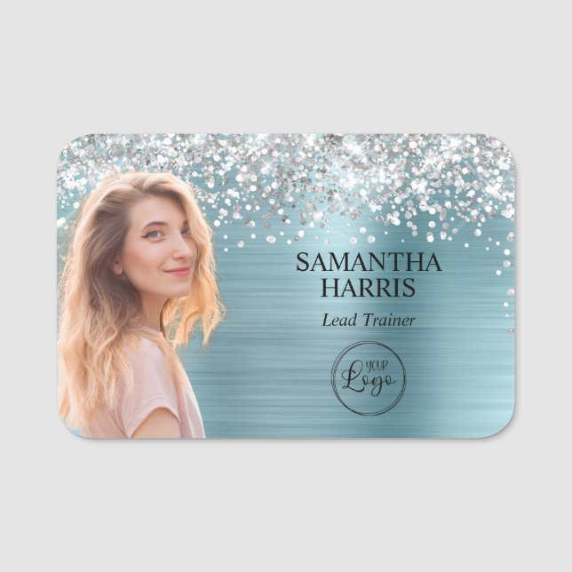 Silver Glitter Blå Folie Utskära Foto och Logotyp Namnbricka (Framsida)
