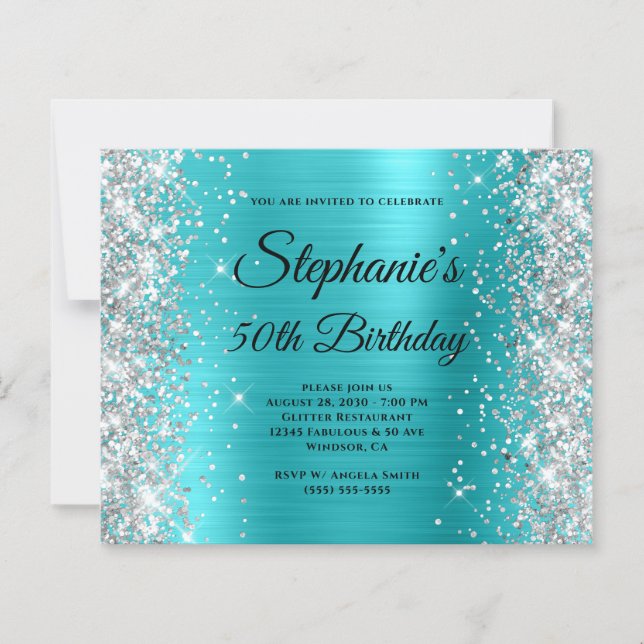Silver Glitter Blå Turkos Folie 50-årsdag (Framsida)