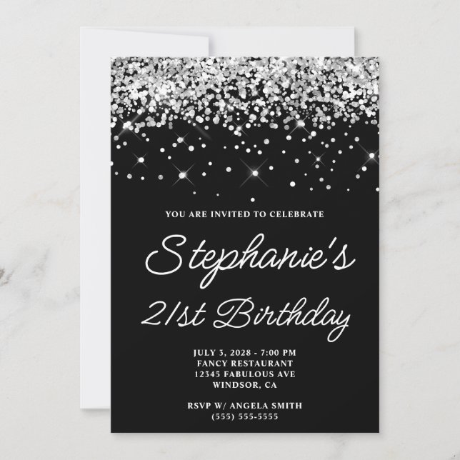 Silver Glitter Black 21:a födelsedagen Inbjudningar (Framsida)