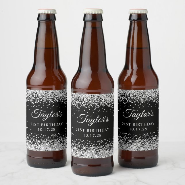 Silver Glitter Black 21:a födelsedagen Ölflaska Etikett (Flaskor)