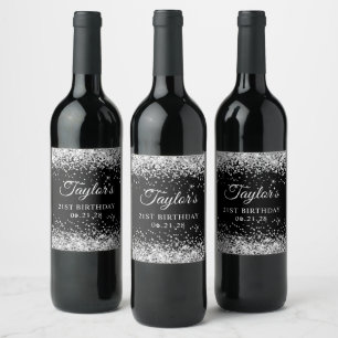 Silver Glitter Black 21:a födelsedagen Vinflaska Etikett