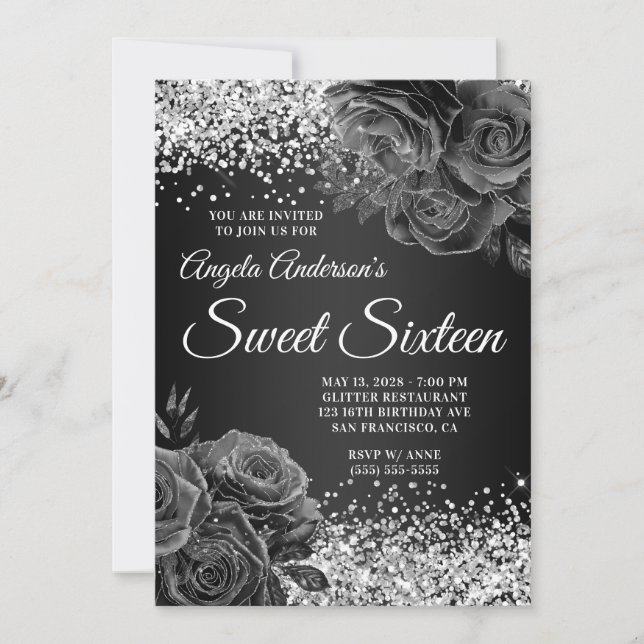 Silver Glitter Black Blommigt Glam Sweet sixteen Inbjudningar (Framsida)